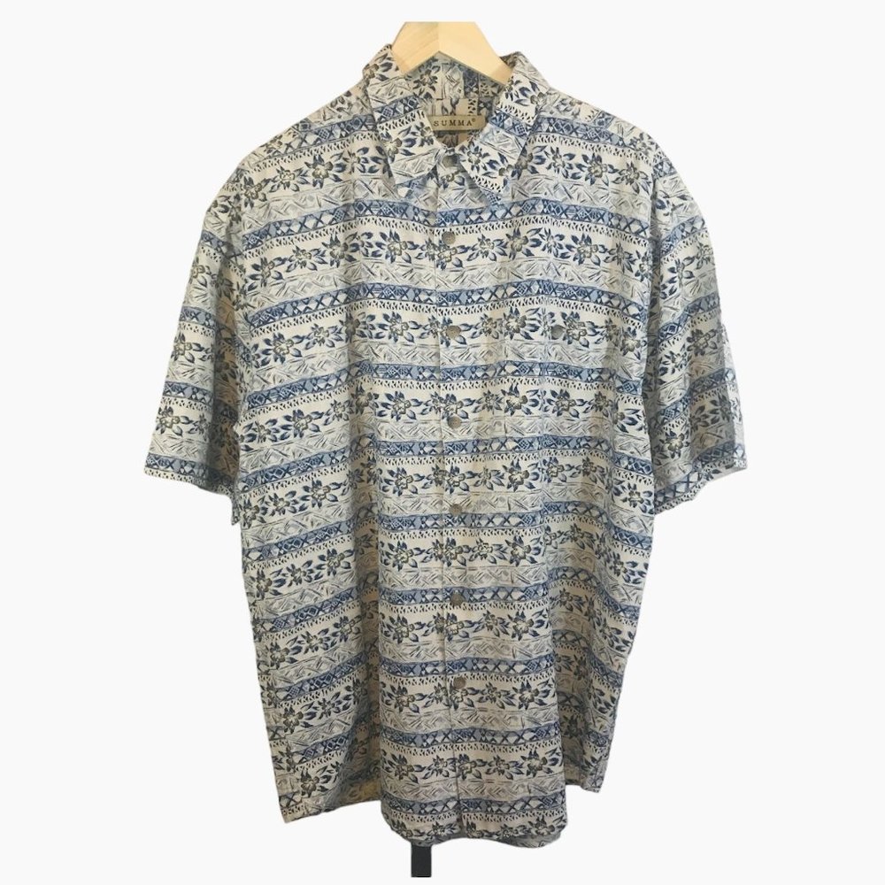 Summa Mens Large Silk Button Front Short Sleeve Shirt Floral Tropical Blue Beige